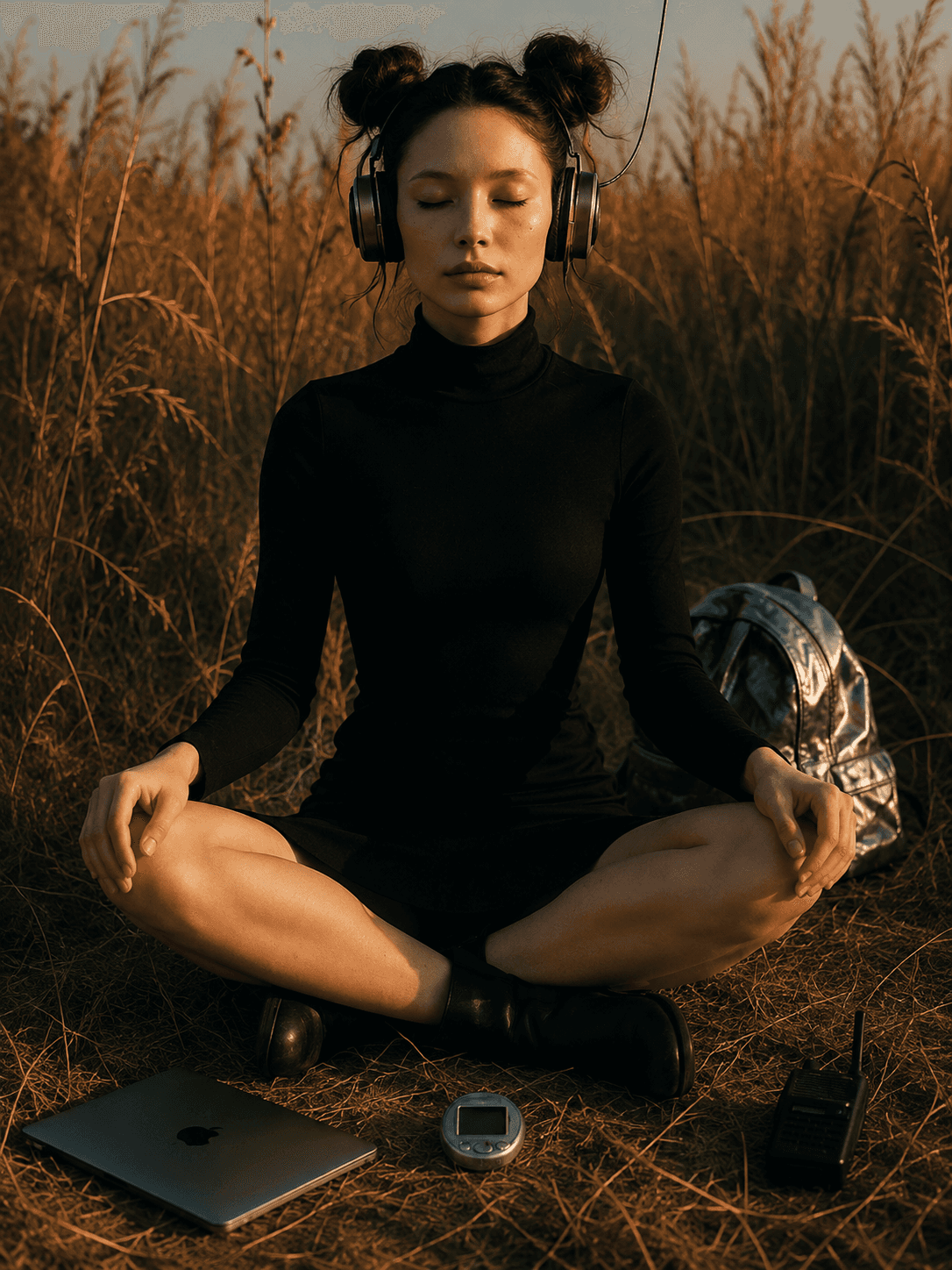 Criadora com fones de ouvido sentada ao ar livre